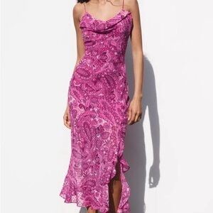 ZARA Pink Paisley Cowl Neck Midi Dress